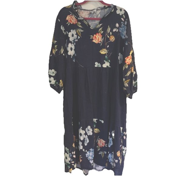 Linen Cristina Vergani Blue Floral Summer Dress Large Made In Italy NWOT Pockets - Picture 1 of 10